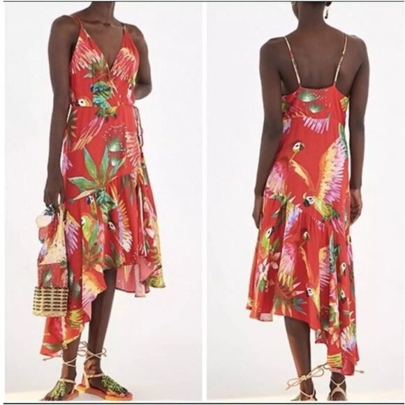 Farm Rio Red Tropical Parrot Wrap Dress XS Asymmetrical Midi Vacation Ready - Picture 2 of 13